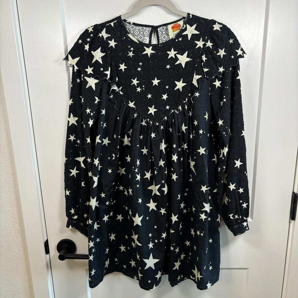 Farm Rio Stardust Black Multi Mini Dress Womens Size XS Whimsy Ruffled Collar